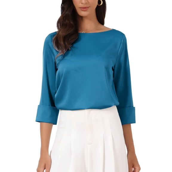 INSPIRE CHIC Satin Blouse for Women Dressy Casual Boat Neck 3/4 Sleeve Work Shirt S Peacock Blue