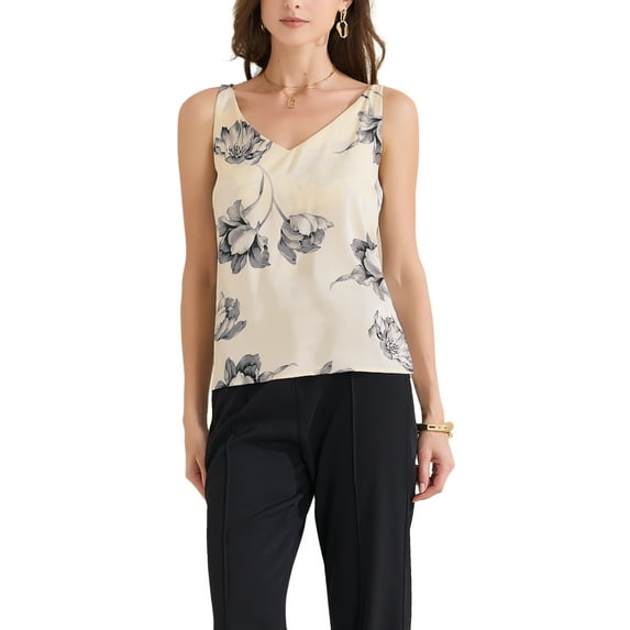 INSPIRE CHIC Satin Cami Top for Women's 2025 V Neck Sleeveless Floral Camisole L White