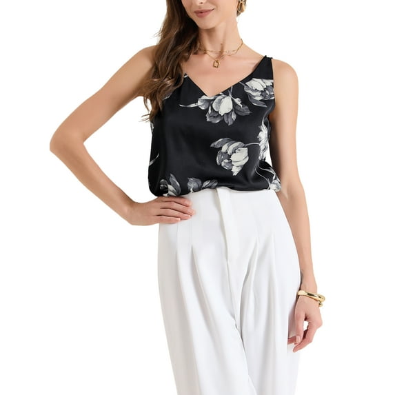 INSPIRE CHIC Satin Cami Top for Women's 2025 V Neck Sleeveless Floral Camisole XS Black