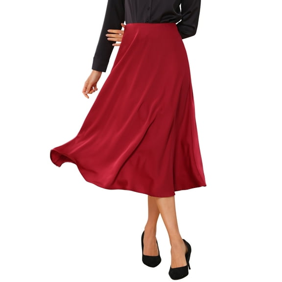 INSPIRE CHIC Women's Skirt Satin High Waist A-Line Elastic Flared Casual Midi Skirts XL Red