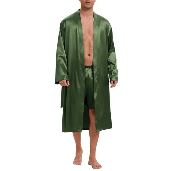 INSPIRE CHIC Satin Robe for Men's Nightwear Long Sleeve Kimono Bathrobe Sleepwear with Shorts Set L Green