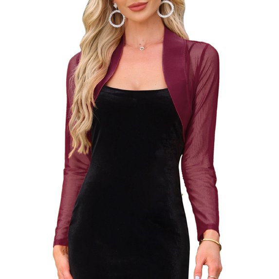 INSPIRE CHIC Satin Shrug for Women's Evening Dresses Mesh Formal Coverup Open Front Long Sleeve Cropped Bolero Halloween XS Burgundy