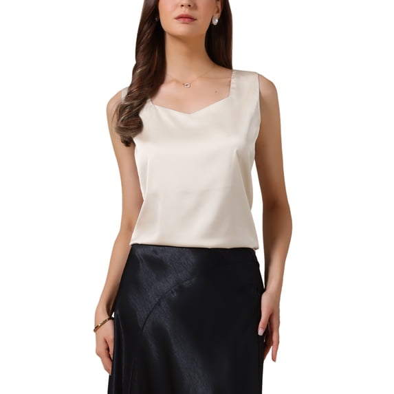 INSPIRE CHIC Satin Tank Tops for Women's V Neck Dressy Casual Sleeveless Silk Camisole Top L Champagne