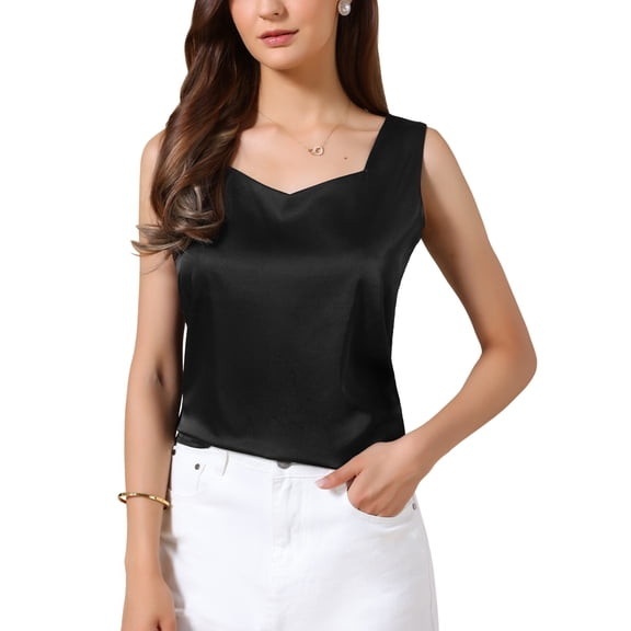 INSPIRE CHIC Satin Tank Tops for Women's V Neck Dressy Casual Sleeveless Silk Camisole Top M Black