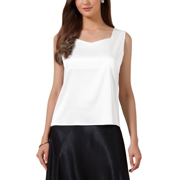INSPIRE CHIC Satin Tank Tops for Women's V Neck Dressy Casual Sleeveless Silk Camisole Top M White
