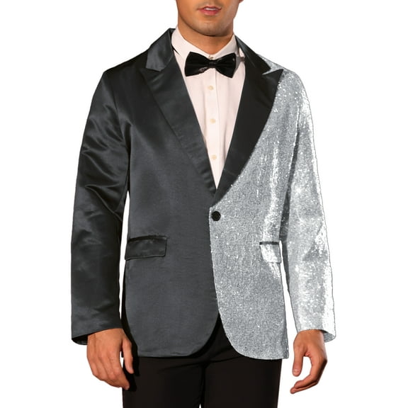INSPIRE CHIC Sequin Blazers for Men's Color Block Peak Lapel Tuxedo Wedding Sparkly Suit Jacket 2XL Black Silver