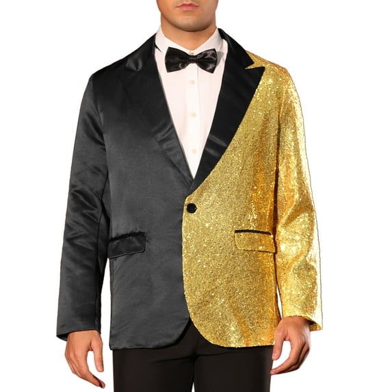 INSPIRE CHIC Sequin Blazers for Men's Color Block Peak Lapel Tuxedo Wedding Sparkly Suit Jacket S Black Golden
