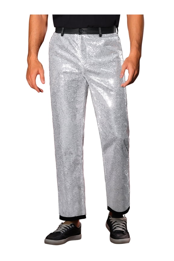 Men's Pants Metallic Sequin Dress Party Style Regular Fit Trousers 30 Silver