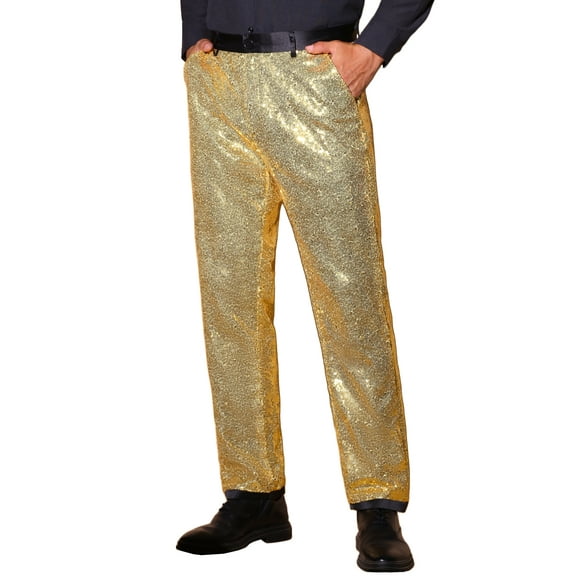 INSPIRE CHIC Men's Pants Metallic Sequin Dress Party Style Regular Fit Trousers 34 Golden