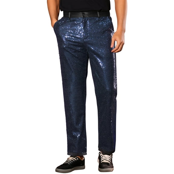 INSPIRE CHIC Men's Pants Metallic Sequin Dress Party Style Regular Fit Trousers 38 Dark Blue