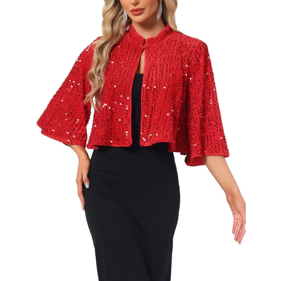 INSPIRE CHIC Sequin Jackets for Women's Velvet Capelet Cocktail Sprakly Bolero Shrugs L Red