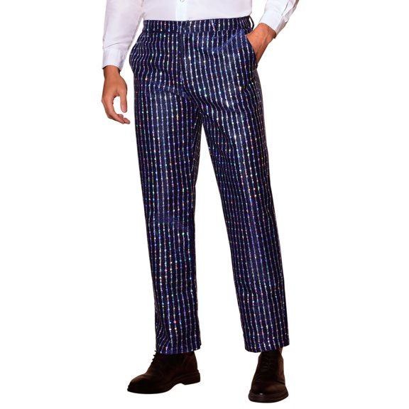 INSPIRE CHIC Sequin Pants for Men's Straight Leg Shiny Trousers 70s Disco Party Metallic Pants 30 Dark Blue