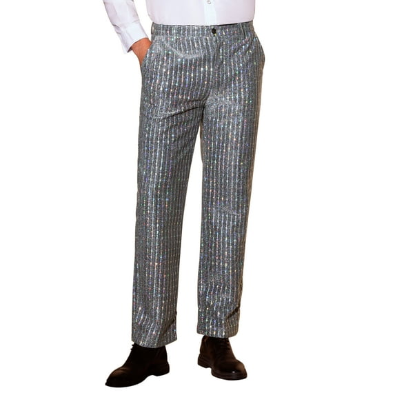 INSPIRE CHIC Sequin Pants for Men's Straight Leg Shiny Trousers 70s Disco Party Metallic Pants 32 Silver