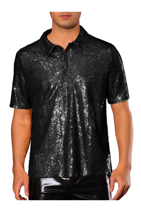 Sequin Polo Shirts for Men's Short Sleeve Sparkle Glitter Prom 70s Disco Party Polo S Black