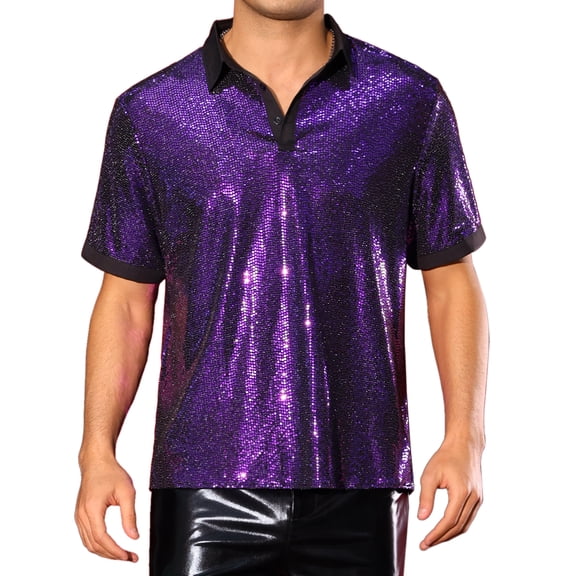 INSPIRE CHIC Sequin Polo for Men's Contrast Color Collar Short Sleeved Party Disco Polo Shirts 2XL Purple