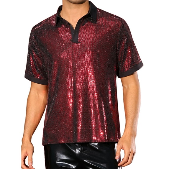 INSPIRE CHIC Sequin Polo for Men's Contrast Color Collar Short Sleeved Party Disco Polo Shirts M Red