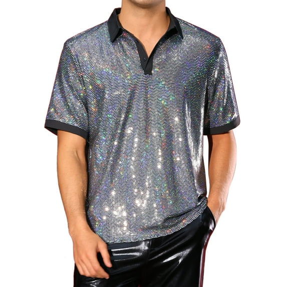 INSPIRE CHIC Sequin Polo for Men's Contrast Color Collar Short Sleeved Party Disco Polo Shirts XL Silver