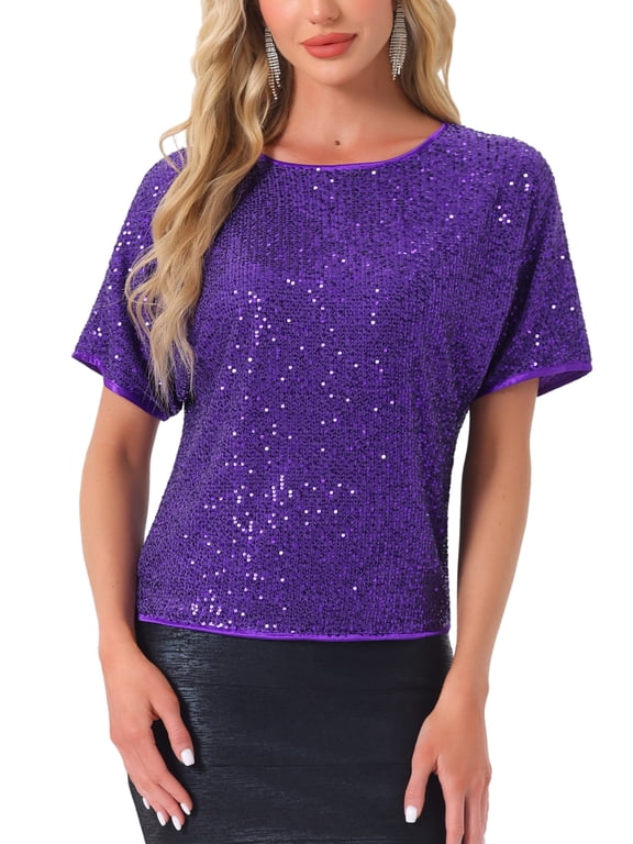 Halloween Sequin Shirt for Women's Sparkly Dolman Sleeve Party Oversize Bling Glitter Blouse L Dark Purple
