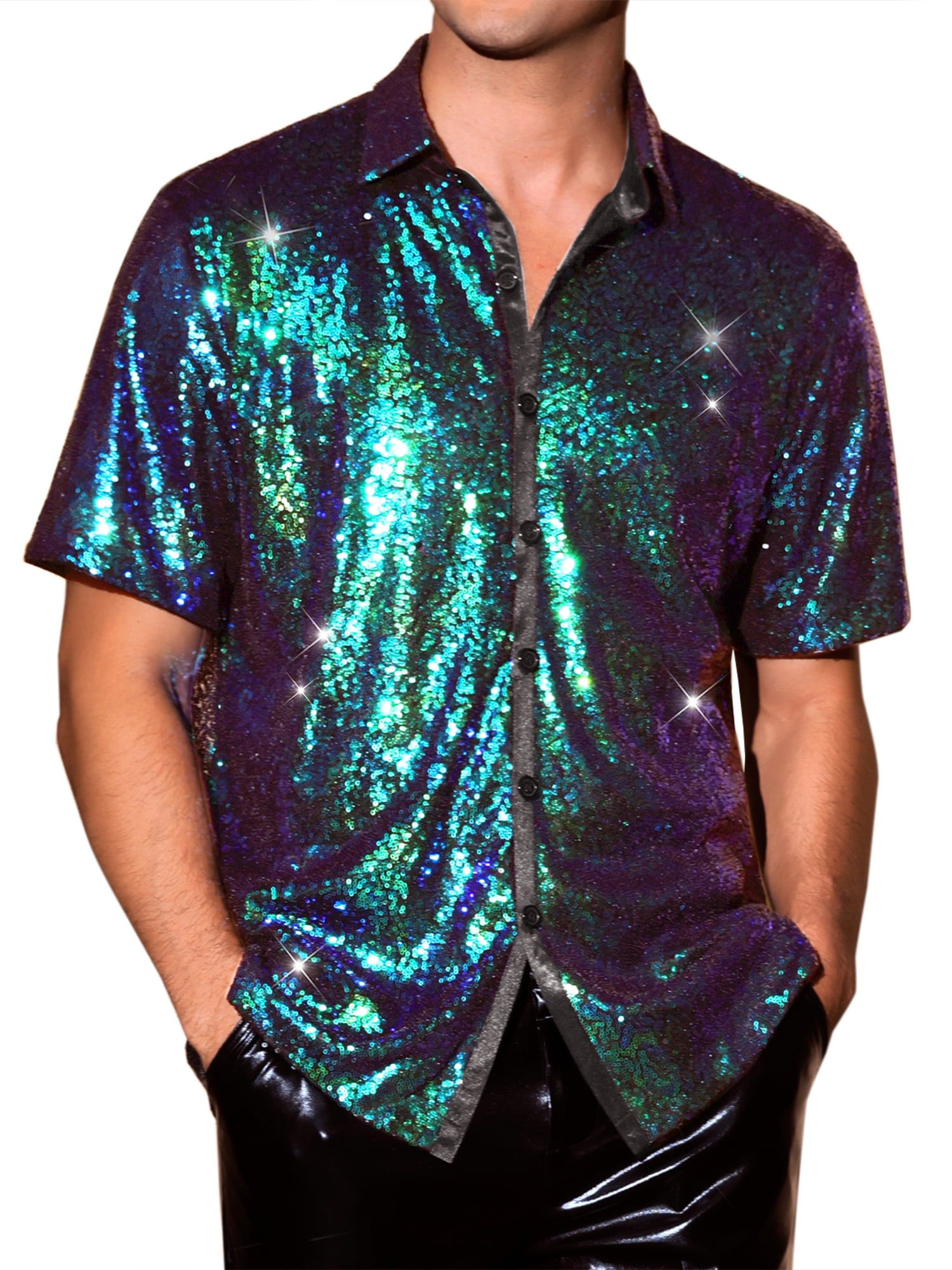 お値下げ！Zumba Sparkle Button Down スパンコールシャツ INSPIRE CHIC Sequin Shirts for Men's Glitter 70s Disco Shirt