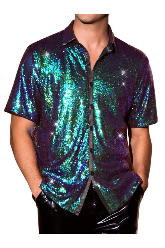 Sequin Shirts for Men's Glitter 70s Disco Shirt Button Down Short Sleeve Metallic Tops XL Green