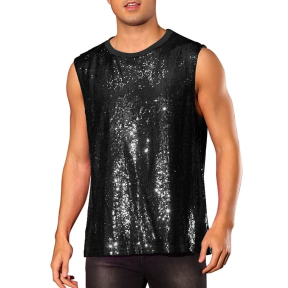 INSPIRE CHIC Sequin Tank Top for Men's Shiny Glitter Sleeveless Tee Tops Party Disco Metallic Vest S Black