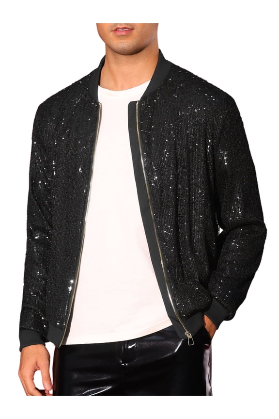 Sequin Varsity Jacket for Men's 70s Disco Zipper Party Glitter Shiny Bomber Jackets 2XL Black