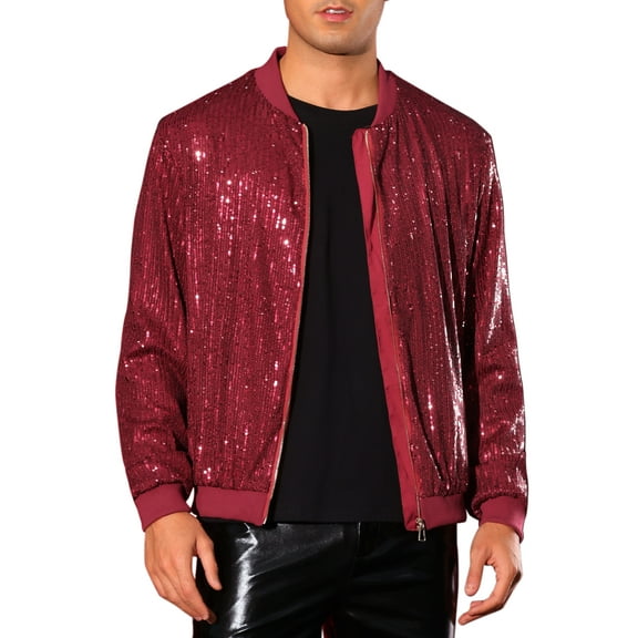 INSPIRE CHIC Sequin Varsity Jacket for Men's 70s Disco Zipper Party Glitter Shiny Bomber Jackets S Red