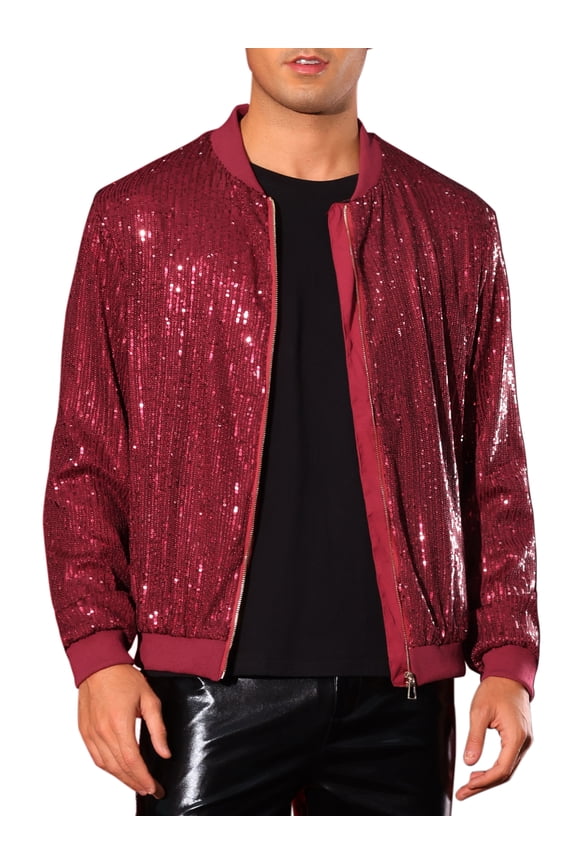 Sequin Varsity Jacket for Men's 70s Disco Zipper Party Glitter Shiny Bomber Jackets S Red
