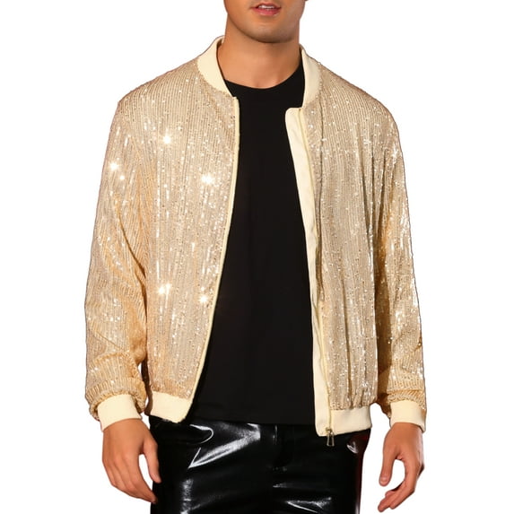 INSPIRE CHIC Sequin Varsity Jacket for Men's 70s Disco Zipper Party Glitter Shiny Bomber Jackets XL Golden