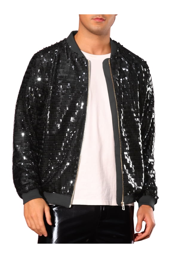 Sequin Varsity Jackets for Men's Zipper Festival Disco Sparkly Shiny Baseball Bomber Jacket 2XL Black