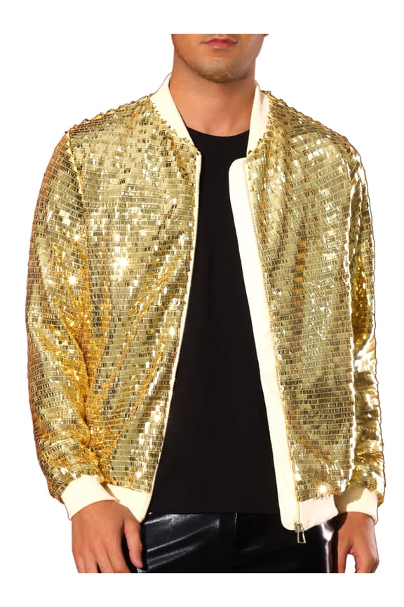 Sequin Varsity Jackets for Men's Zipper Festival Disco Sparkly Shiny Baseball Bomber Jacket 2XL Golden