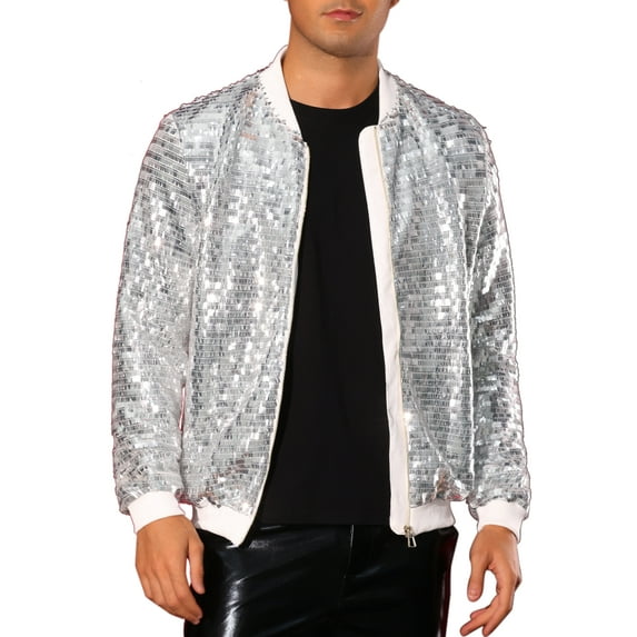 INSPIRE CHIC Sequin Varsity Jackets for Men's Zipper Festival Disco Sparkly Shiny Baseball Bomber Jacket S Silver