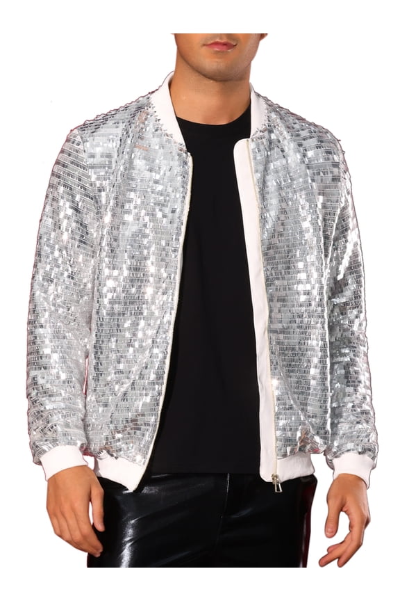 Sequin Varsity Jackets for Men's Zipper Festival Disco Sparkly Shiny Baseball Bomber Jacket XL Silver