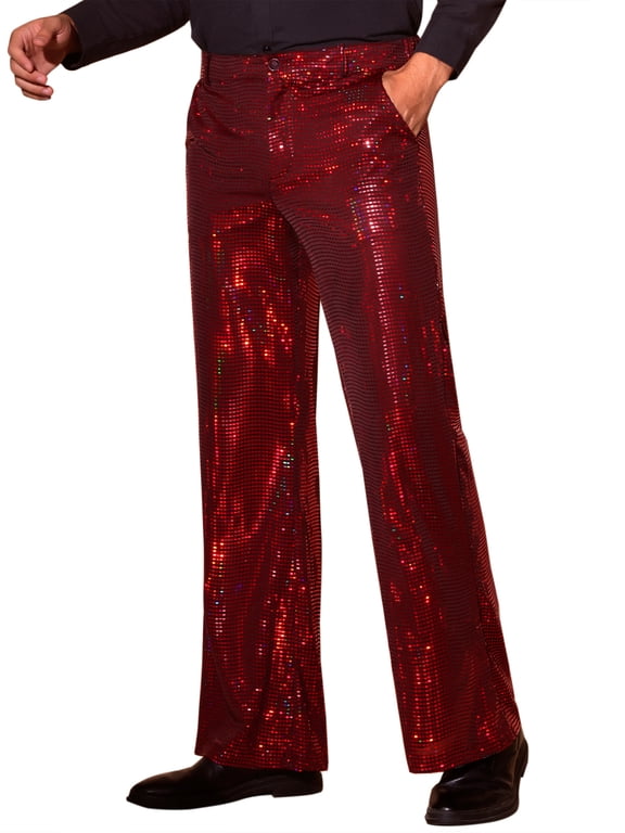 Sequins Pants for Men's Metallic Wide Leg Glitter Bell Bottom Flared Pants 30 Red