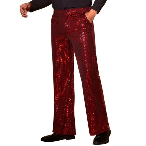 INSPIRE CHIC Sequins Pants for Men's Metallic Wide Leg Glitter Bell Bottom Flared Pants 38 Red