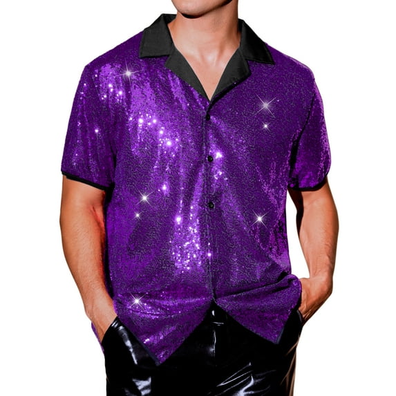 INSPIRE CHIC Sequins Shirts for Men's Camp Collar Short Sleeve Button Down Party Shiny Shirt L Purple