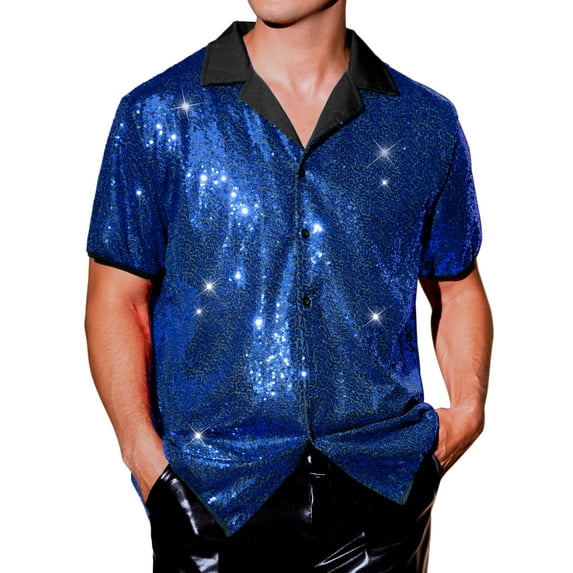INSPIRE CHIC Sequins Shirts for Men's Camp Collar Short Sleeve Button Down Party Shiny Shirt M Blue