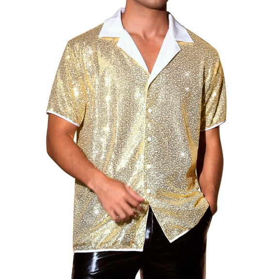 INSPIRE CHIC Sequins Shirts for Men's Camp Collar Short Sleeve Button Down Party Shiny Shirt M Golden