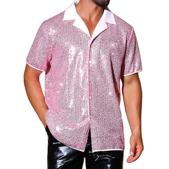 INSPIRE CHIC Sequins Shirts for Men's Camp Collar Short Sleeve Button Down Party Shiny Shirt S Pink