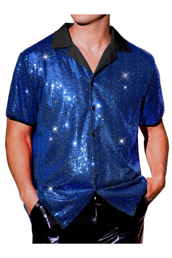 Sequins Shirts for Men's Camp Collar Short Sleeve Button Down Party Shiny Shirt XL Blue