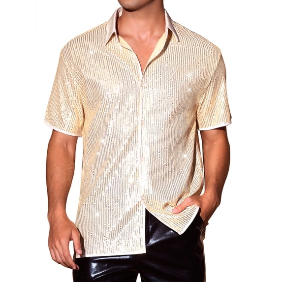 INSPIRE CHIC Sequins Shirts for Men's Retro Button Down Short Sleeve Party Glitter Shirt M Golden