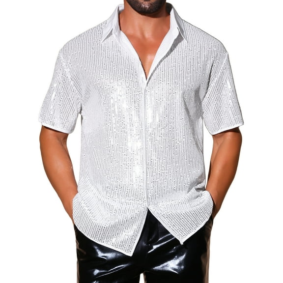 INSPIRE CHIC Sequins Shirts for Men's Retro Button Down Short Sleeve Party Glitter Shirt M White