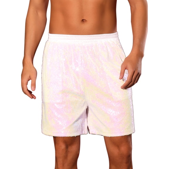 Sequins Shorts for Men's Elastic Waist Sparkly Party Wear Glitter Short Pants 34 Holographic