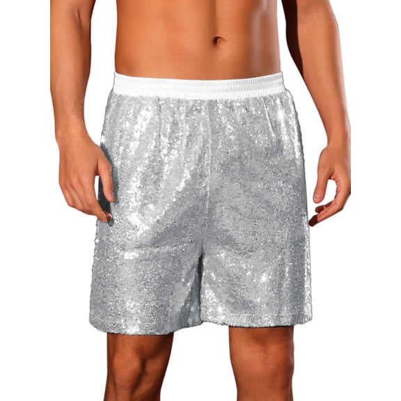 Sequins Shorts for Men's Elastic Waist Sparkly Party Wear Glitter Short Pants 34 Silver