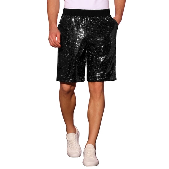 INSPIRE CHIC Sequins Shorts for Men's Summer Elastic Waist Party Nightout Short Pants 34 Black
