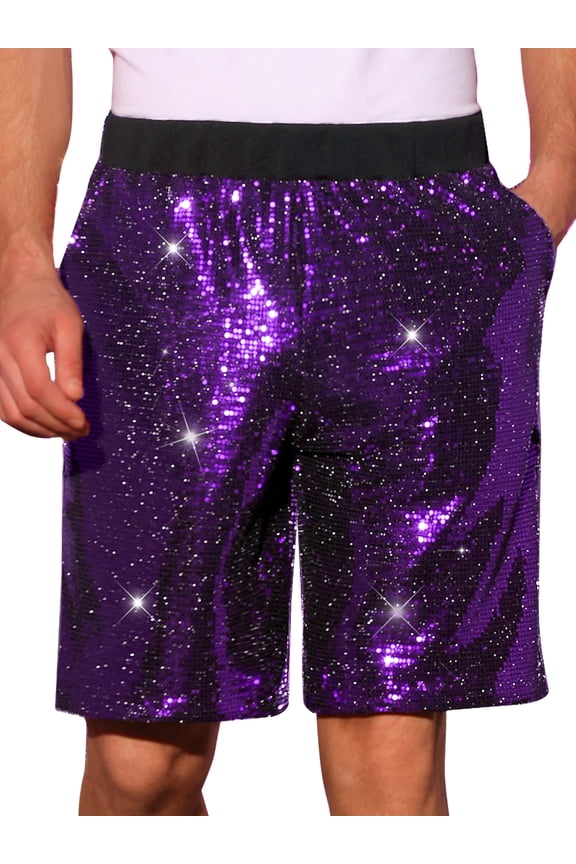 Sequins Shorts for Men's Summer Elastic Waist Party Nightout Short Pants 36 Purple
