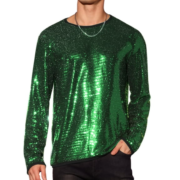 INSPIRE CHIC Men's T-Shirts Sparkling Sequin Crew Neck Long Sleeve Regular Fit Top S Green