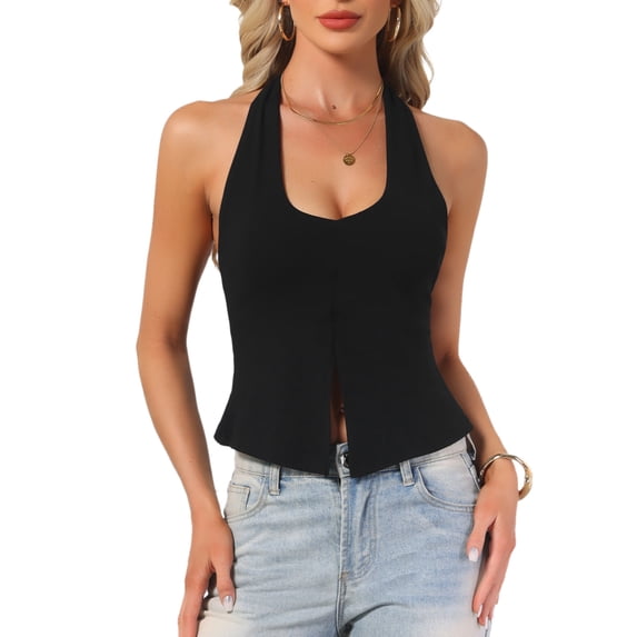 INSPIRE CHIC Sexy Halter Tank Top for Women's Club Party Night Out Sleeveless Backless Fitted Vest Tops XS Black