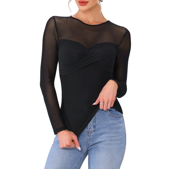 INSPIRE CHIC Women's Top Sheer Mesh Long Sleeve Crew Neck Double Layered Party Club See Through Tops XS Black