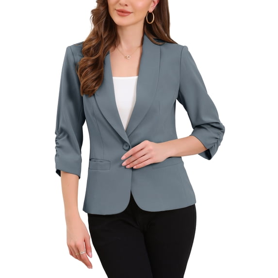 INSPIRE CHIC Shawl Lapel Blazer for Women 3/4 Sleeves Pocket Single Button Work Suit M Grey